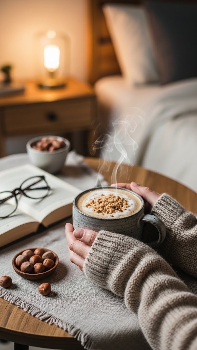Cozy hazelnut latte in stoneware mug held by hands in sweater with crushed hazelnuts on foam against bedroom backdrop.