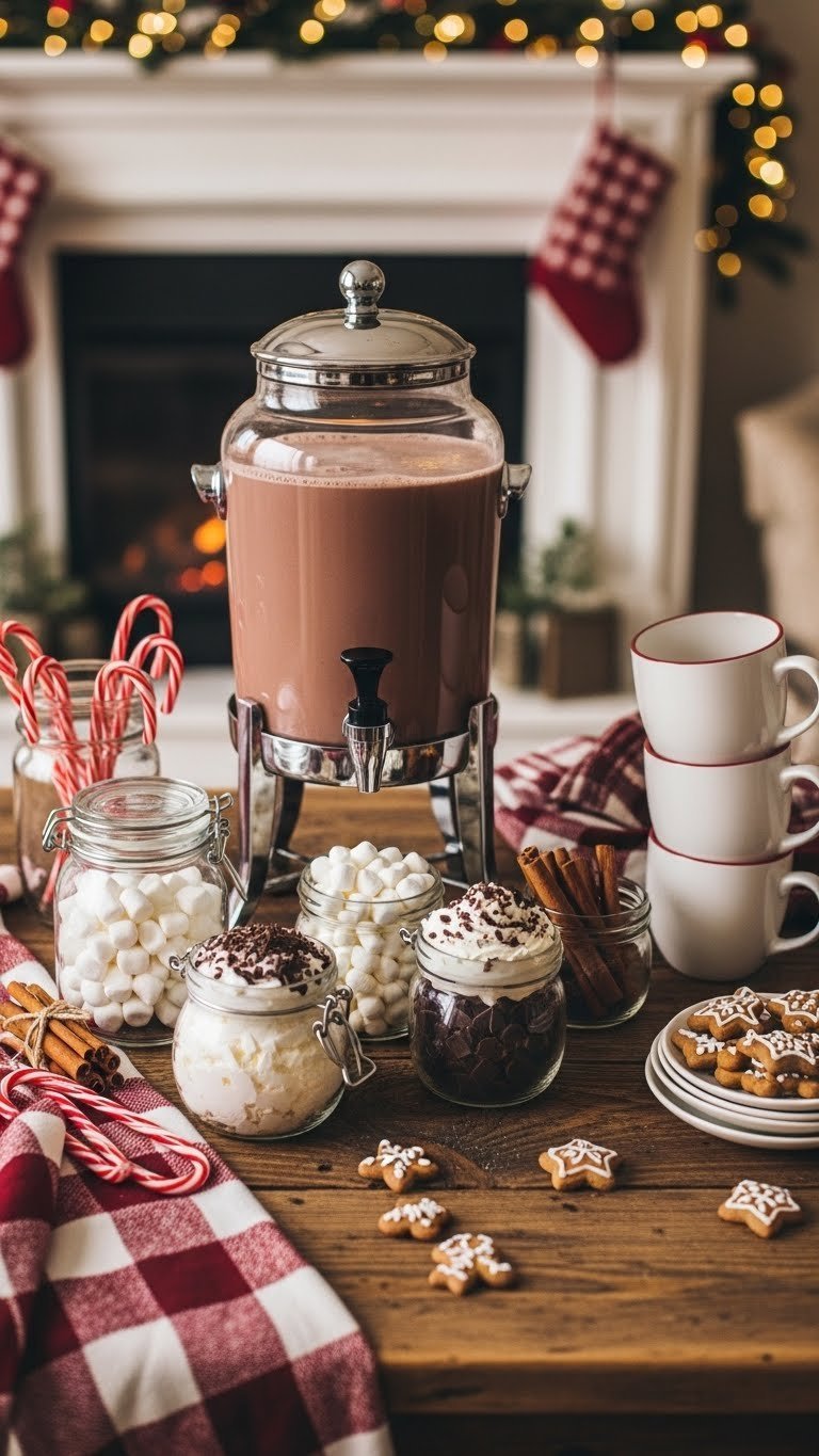 Cozy hot chocolate station with rich cocoa carafe, marshmallow toppings, and inviting mugs on rustic wooden table