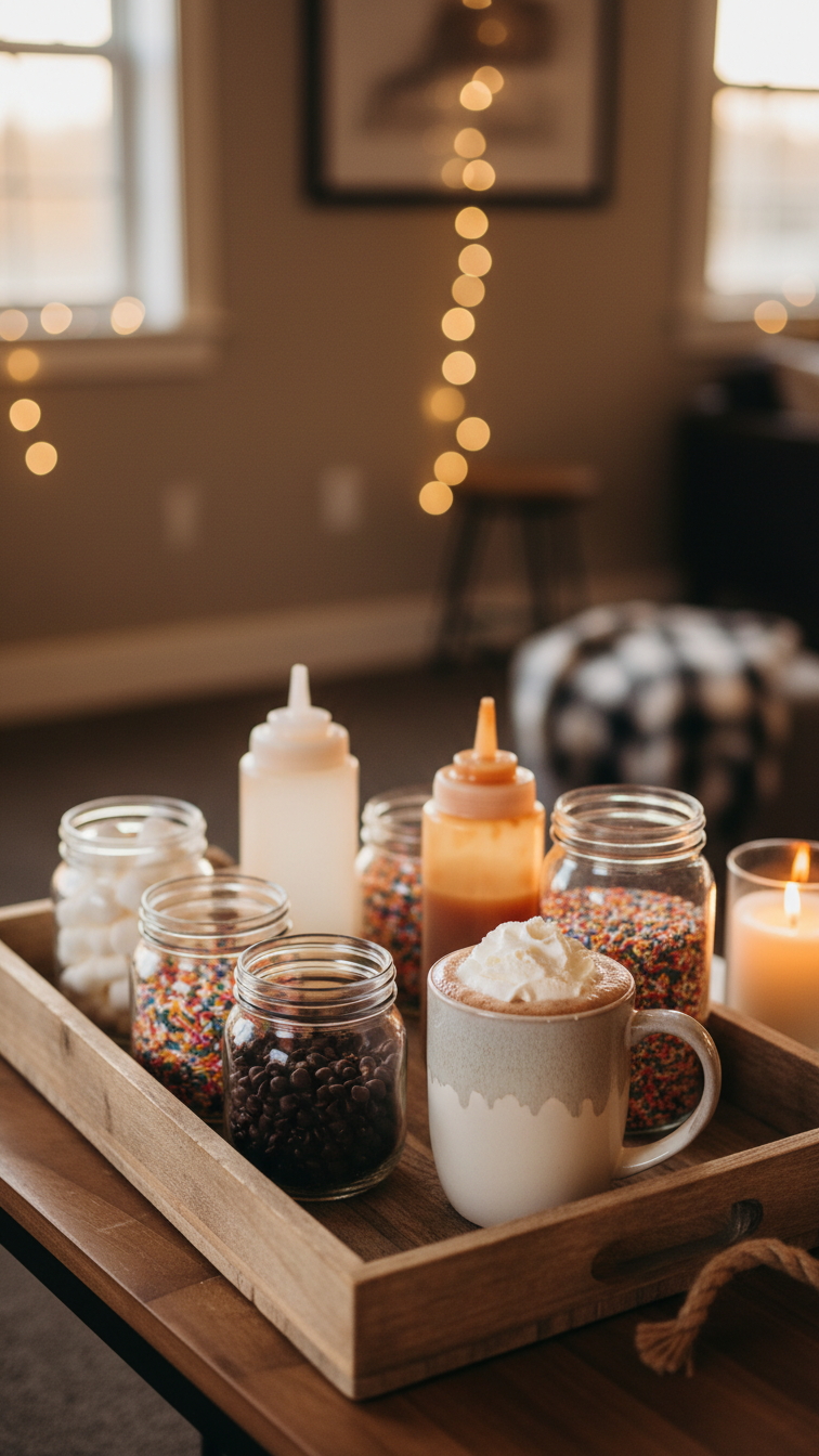 Cozy hot chocolate toppings bar with glass jars of marshmallows, chocolate chips, and sprinkles on rustic wooden tray with whipped cream mug