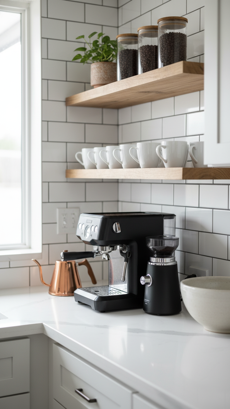 Cozy kitchen coffee bar with rustic wood floating shelves holding black espresso machine and white ceramic mugs on subway tile wall