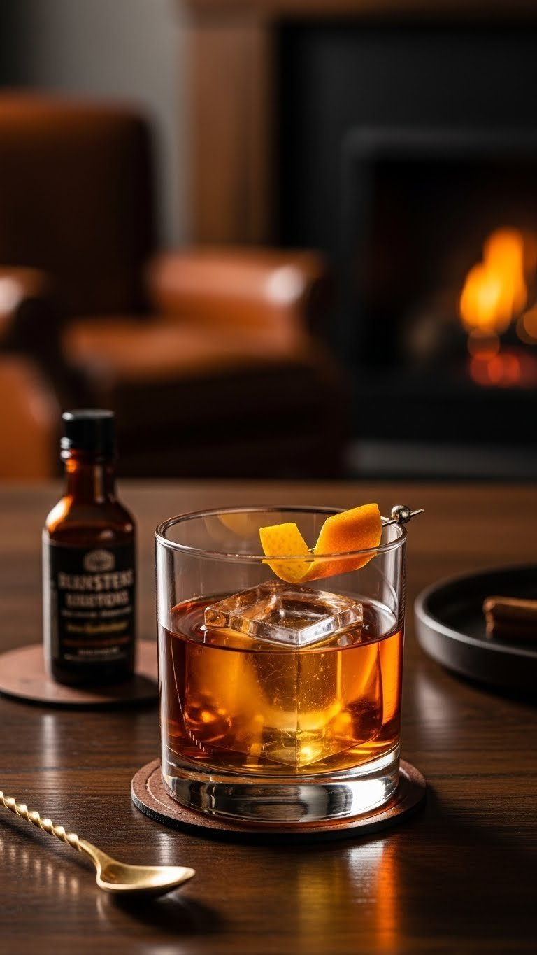 Cozy old fashioned cocktail with large ice cube and expressed orange peel on dark wooden bar top