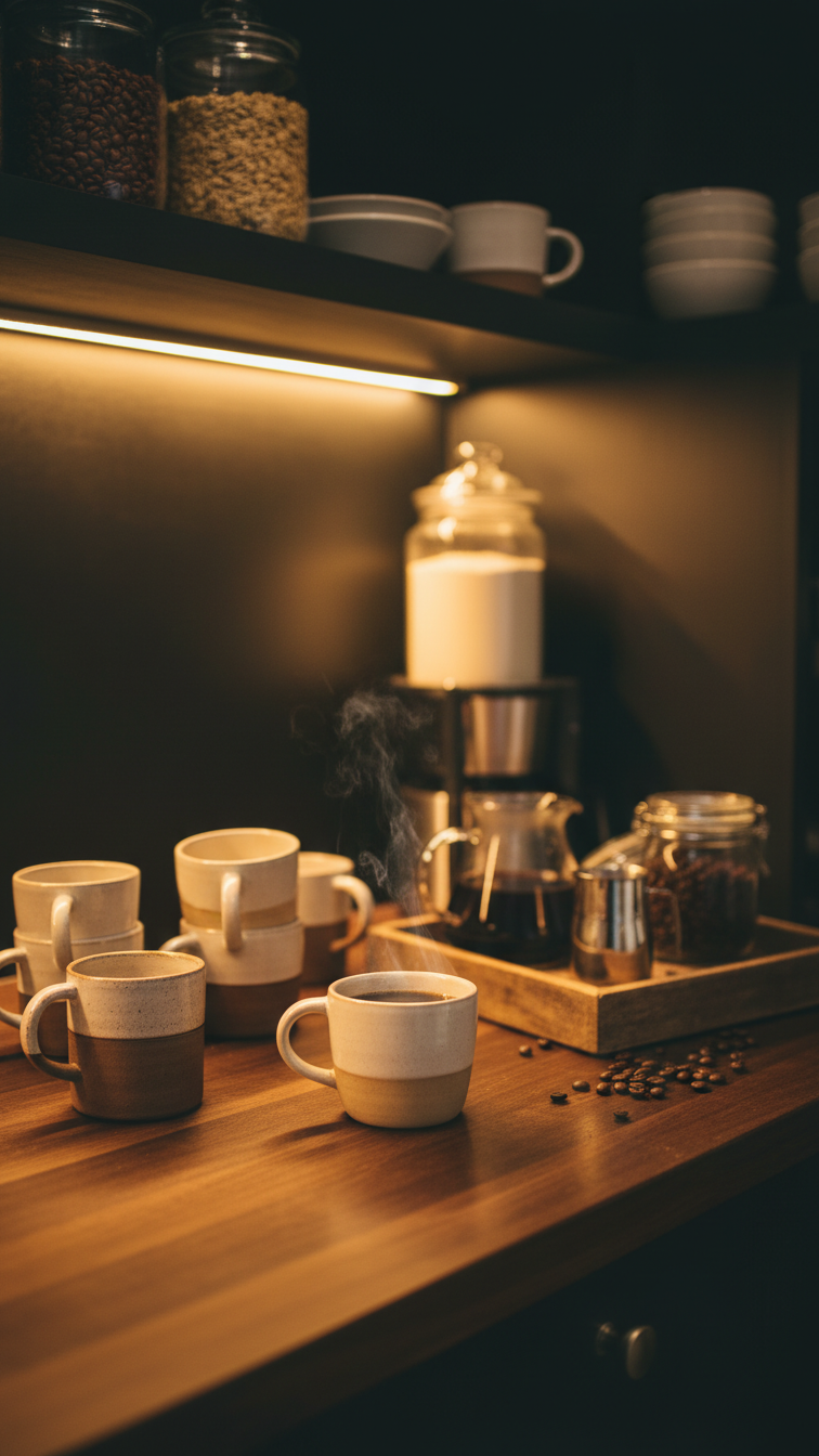 Cozy pantry coffee bar illuminated by warm LED under-cabinet lighting on dark wood countertop with steaming coffee mug