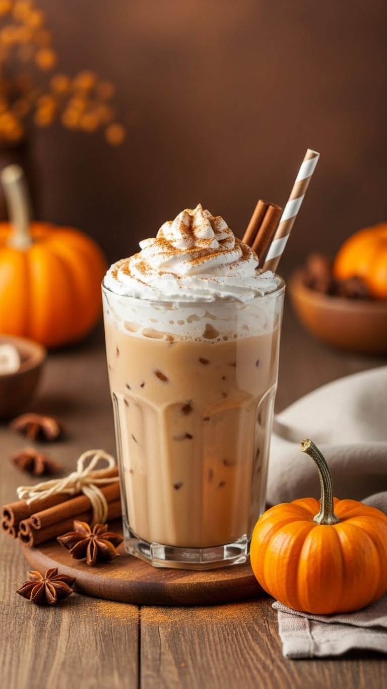 Master 7 Iced Coffee Flavors at Home: Barista Secrets 9 Cozy pumpkin spice iced coffee with whipped cream, cinnamon sprinkle, and decorative pumpkin on rustic autumn table