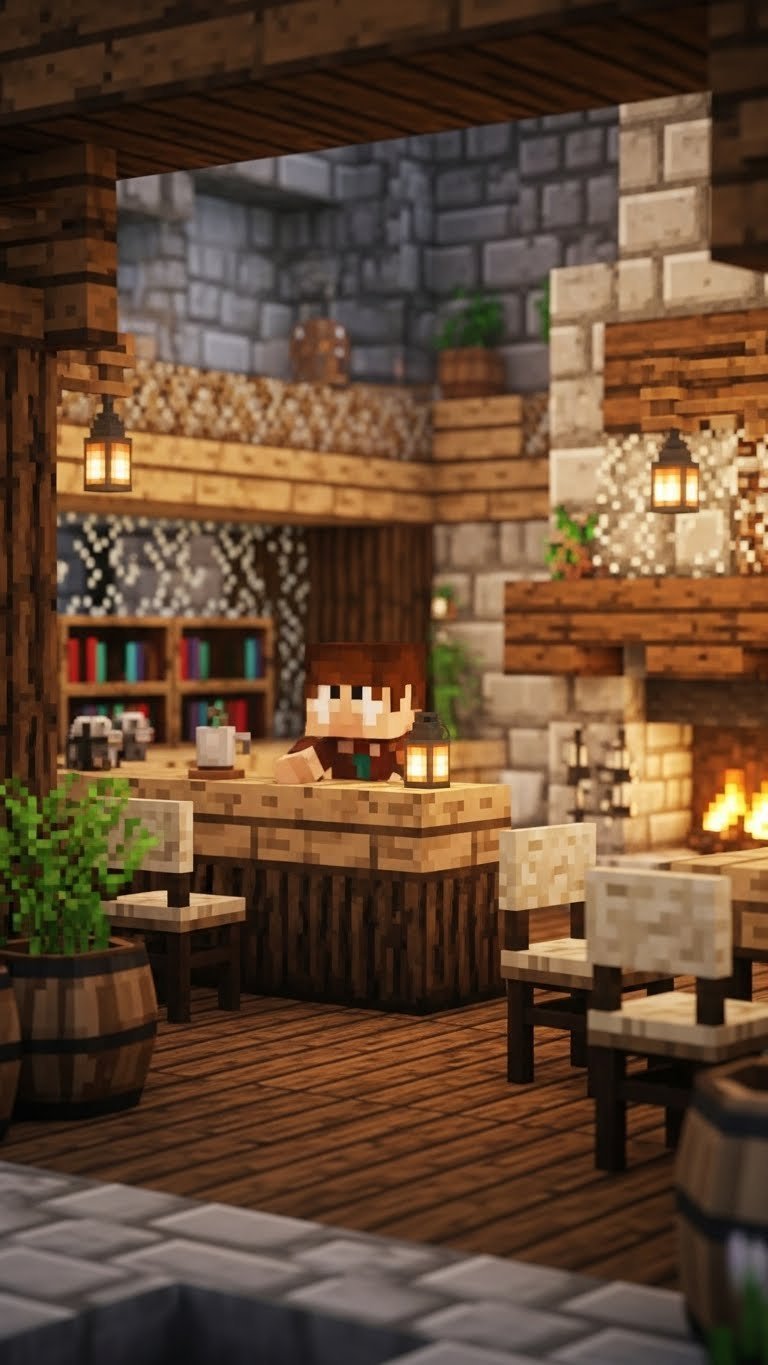 Cozy rustic Minecraft coffee house with warm wooden textures, crackling fireplace, and inviting golden hour lighting in earthy tones