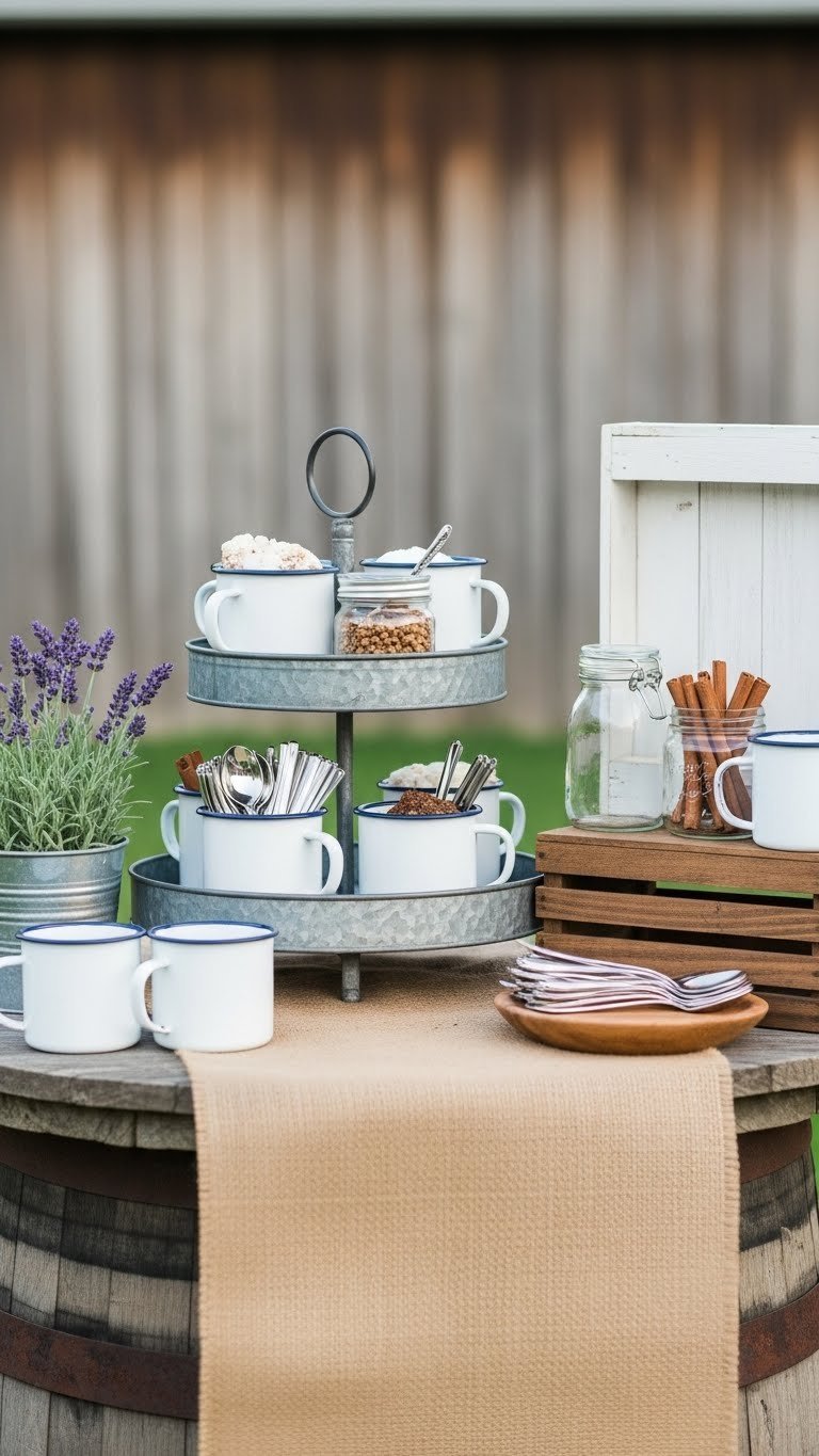 Cozy rustic farmhouse coffee corner with galvanized metal tiered tray, burlap runner, and enamelware mugs on wooden barrel