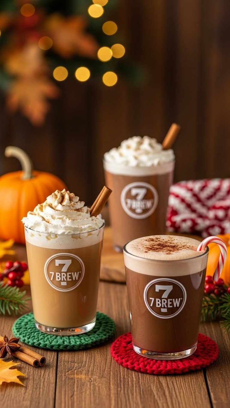 Cozy seasonal 7 Brew drinks with pumpkin spice and holiday mocha on rustic wooden table