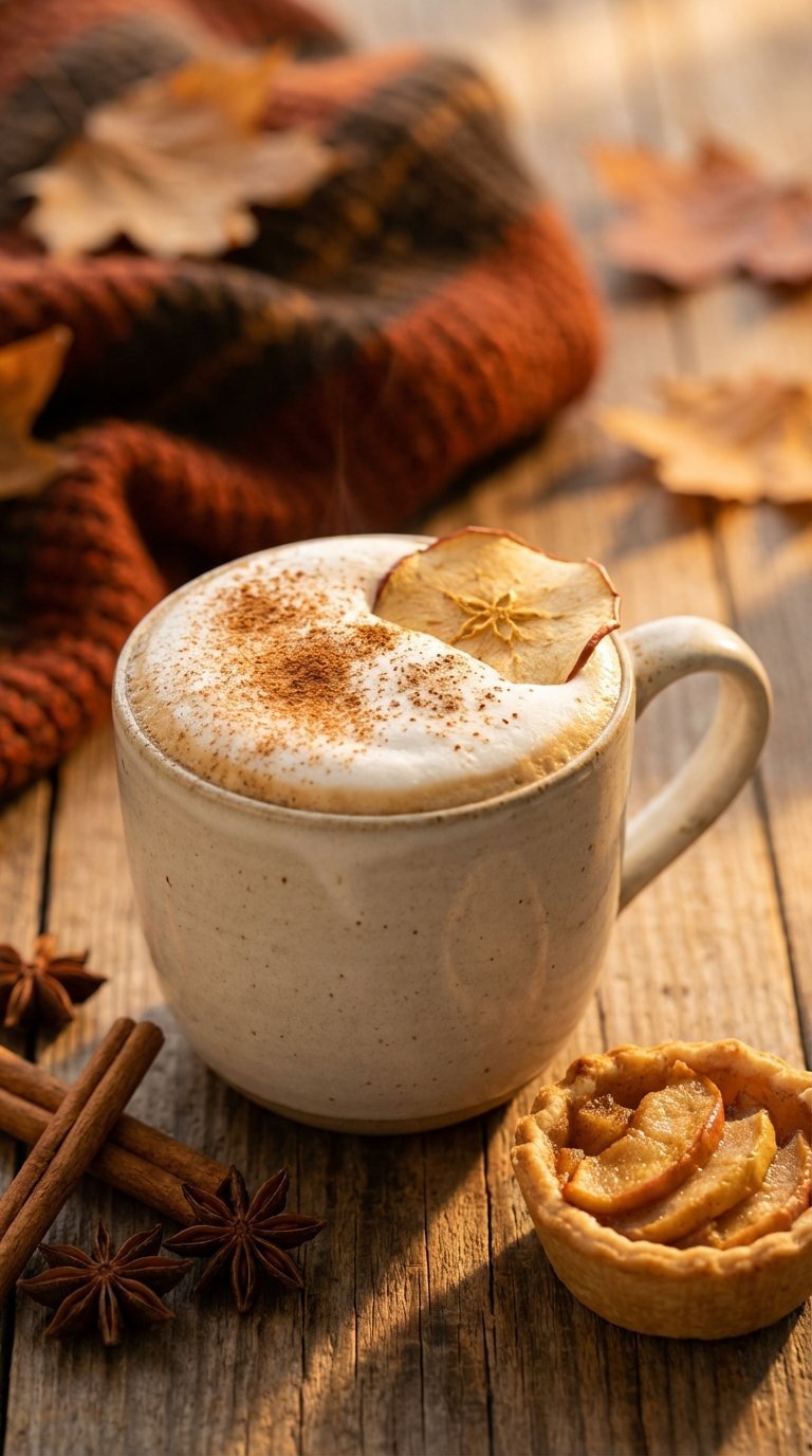 Cozy spiced apple pie latte in ceramic mug with cinnamon dusting apple slice on distressed wood