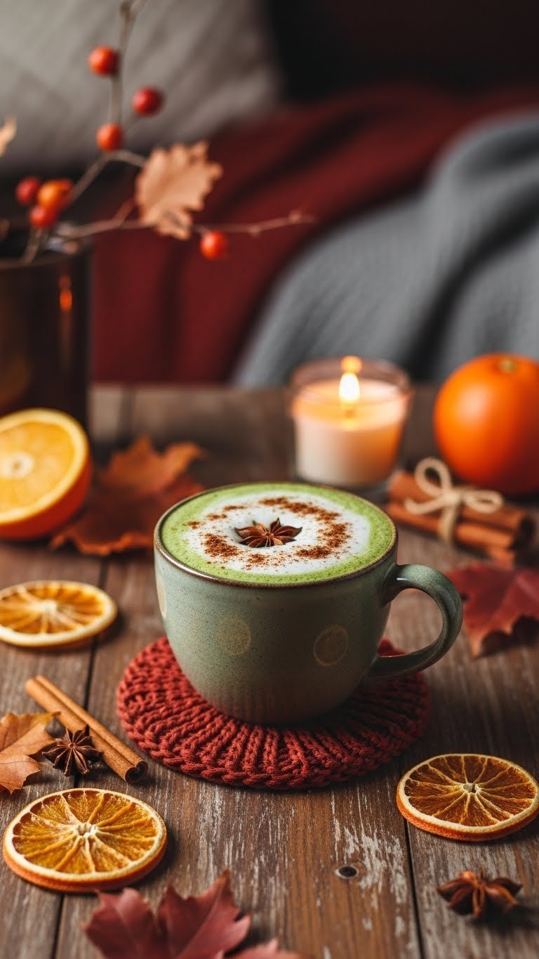 Cozy spiced fall matcha latte in rustic ceramic mug garnished with cinnamon and star anise on autumn-themed table