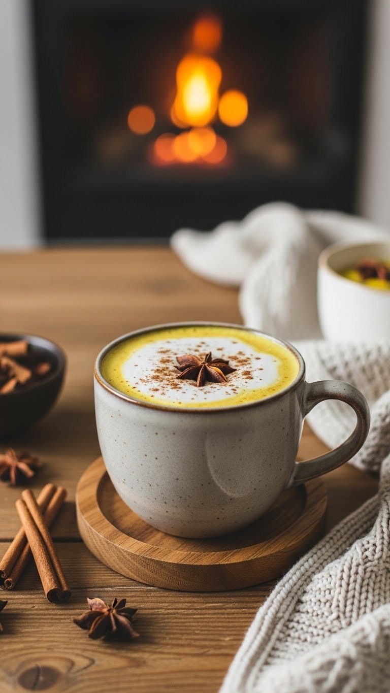 11 Healthy Drink Ideas: Easy Sips for Energy & Weight Loss 5 Cozy spiced turmeric latte in rustic ceramic mug with cinnamon garnish on wooden coaster