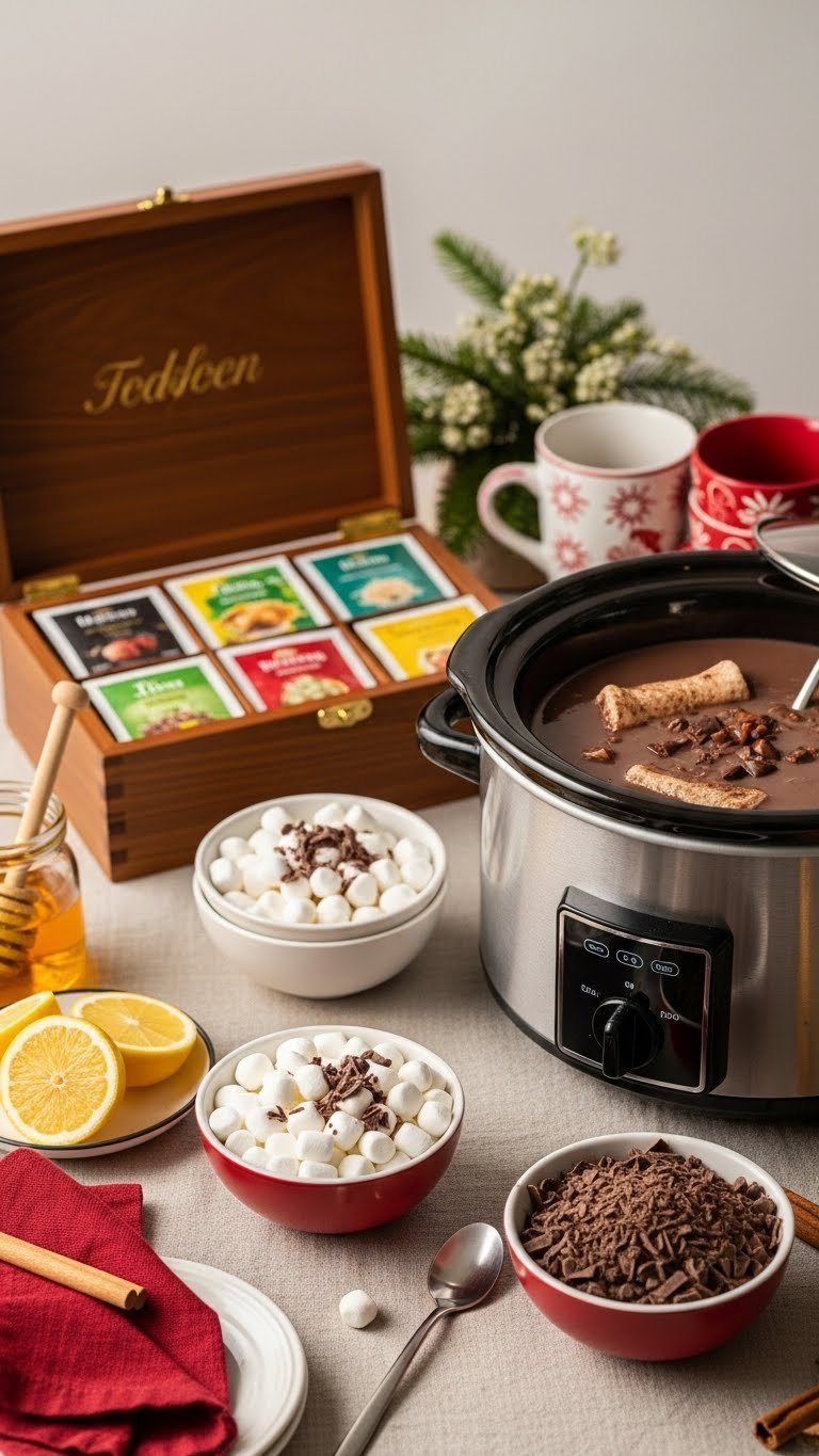 Cozy tea and hot chocolate station with wooden tea box, slow cooker cocoa, and marshmallows
