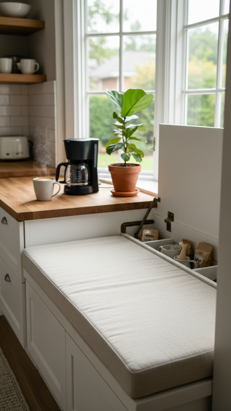 Cozy white built-in coffee bar bench with hinged storage in bay window featuring coffee maker and plush cushion