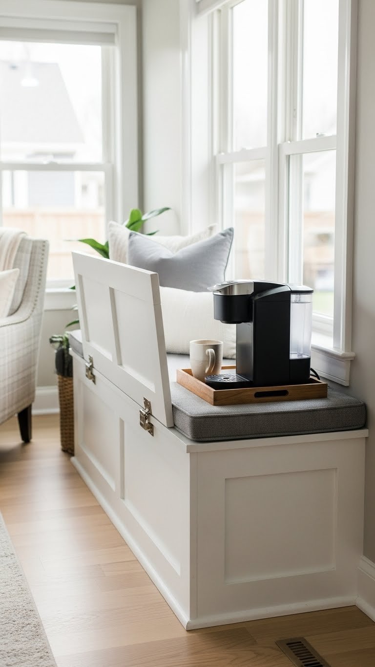 Cozy window seat coffee bar with hidden storage, single-serve coffee maker, and plush gray cushion.