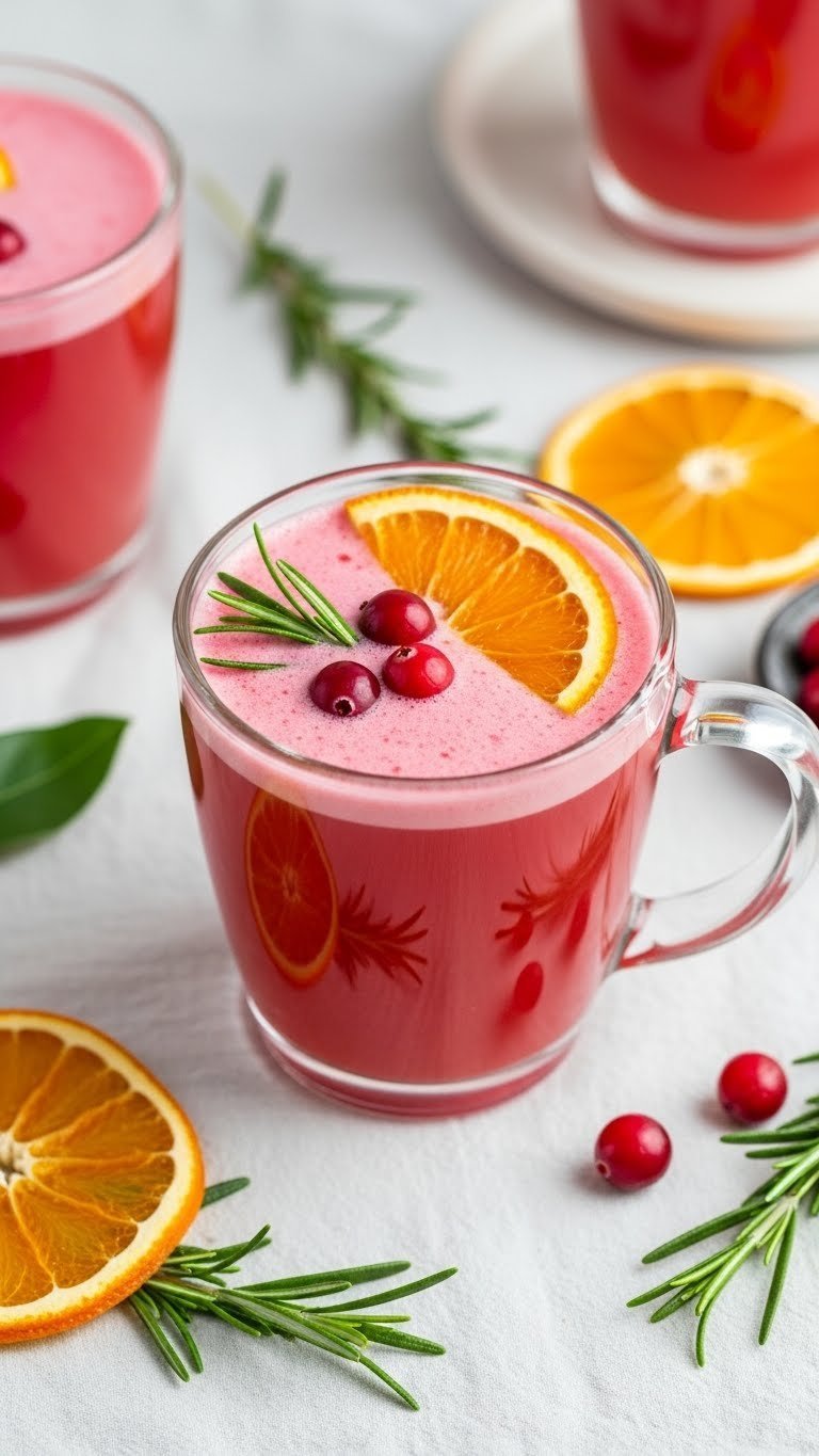 Cranberry orange coffee in clear glass mug with orange zest and fresh cranberries on white linen tablecloth