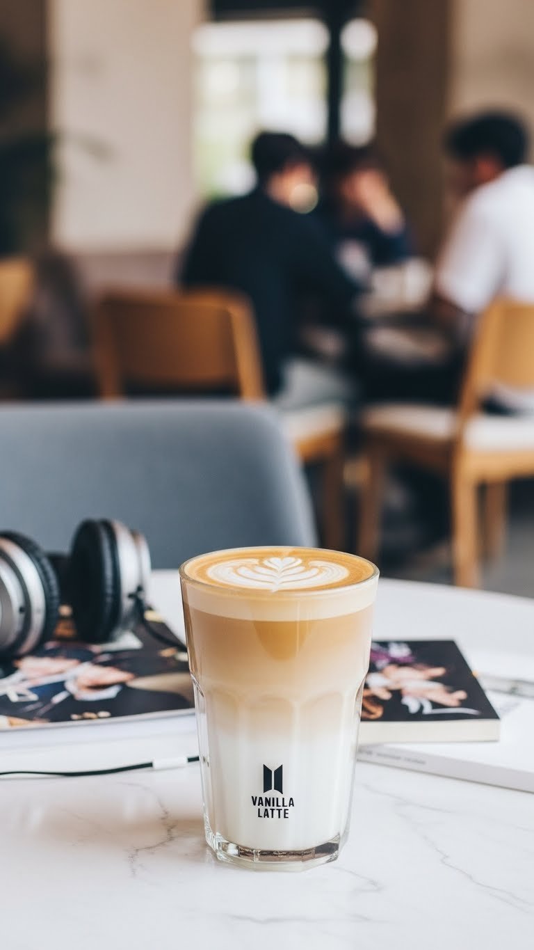 Creamy BTS Vanilla Latte in sleek tumbler surrounded by K-pop themed cafe accessories