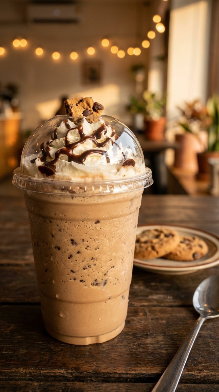 Creamy Cookie Dough Freeze blended coffee drink with chocolate chunks and whipped cream topping