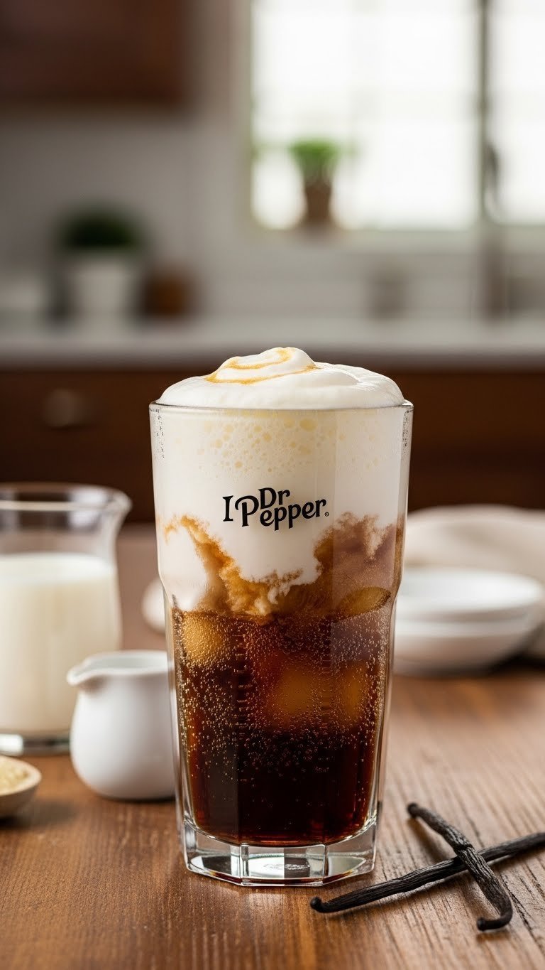 Creamy Dr Pepper float with milky foam topping and vanilla swirl in tall glass on rustic wooden table