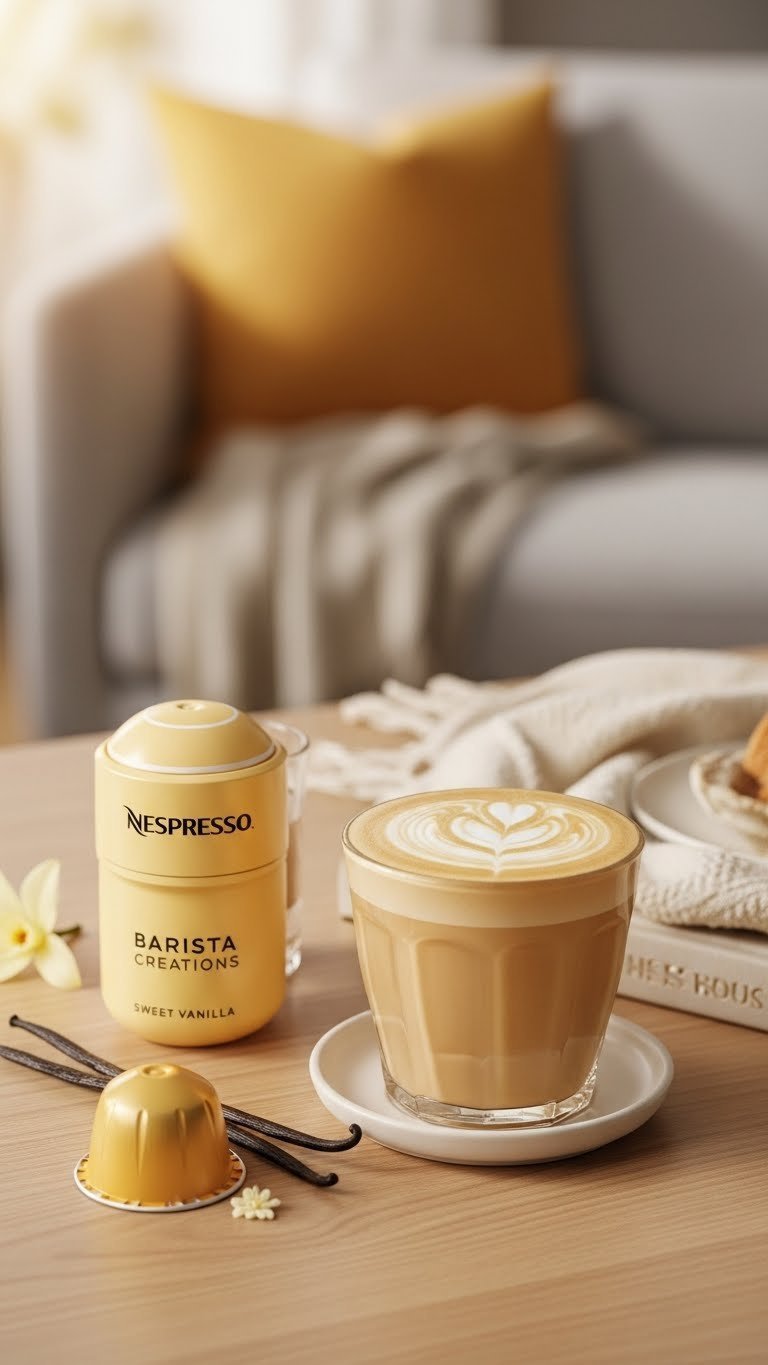 Creamy Nespresso Vertuo Sweet Vanilla pod next to foaming latte with heart art on wooden table