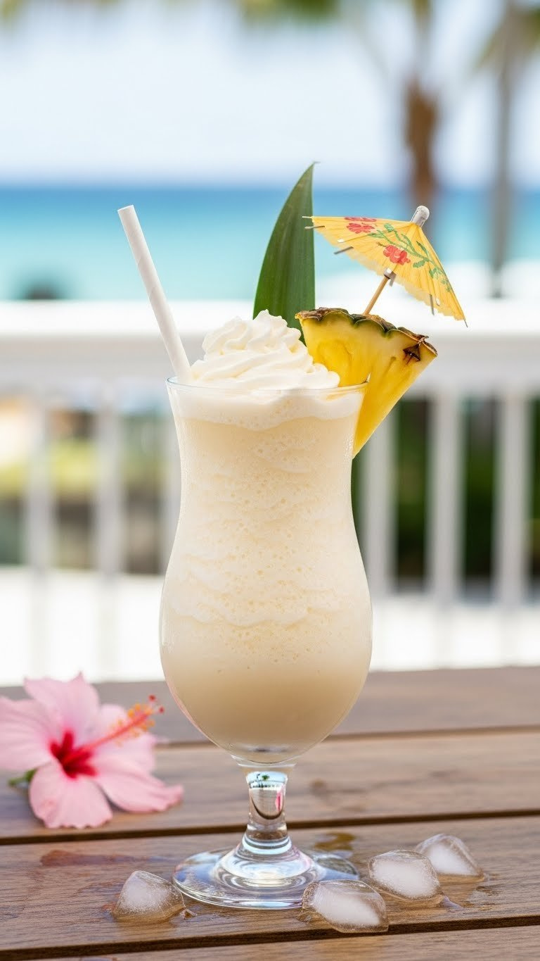 Creamy Tropical White Lotus Colada in hurricane glass topped with whipped cream and pineapple wedge