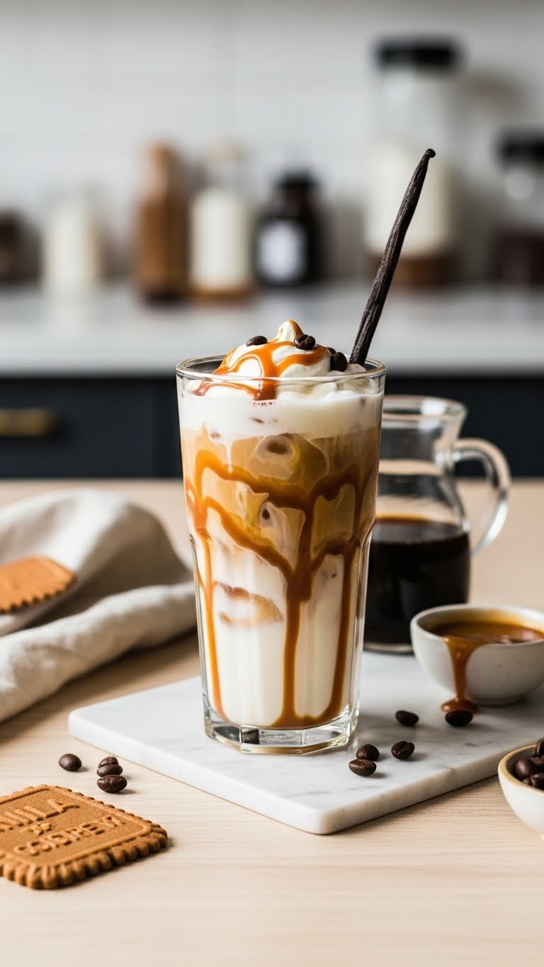 Creamy Vanilla Caramel Cold Brew mocktail in tall glass with caramel drizzle and coffee beans on wooden countertop
