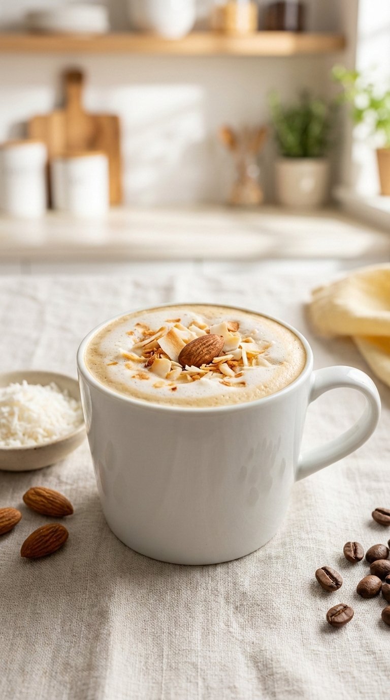 Creamy almond coconut coffee in white ceramic mug topped with coconut flakes and roasted almond on linen tablecloth