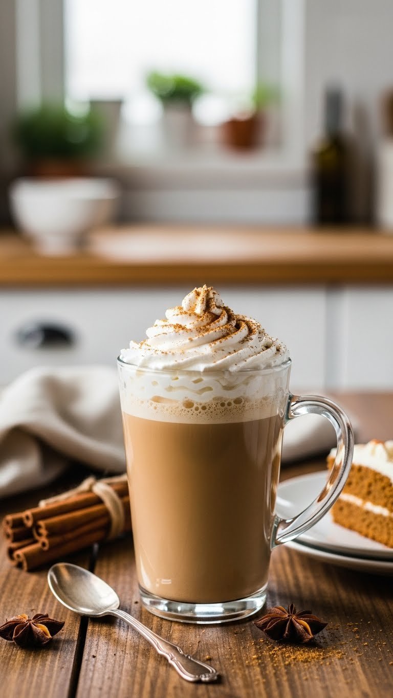 Creamy carrot cake latte in glass mug with cream cheese frosting swirl, grated carrot garnish, and rustic kitchen background setting