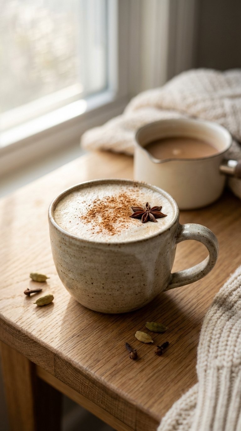 Creamy chai latte in rustic stoneware mug with cinnamon dusting on wooden table