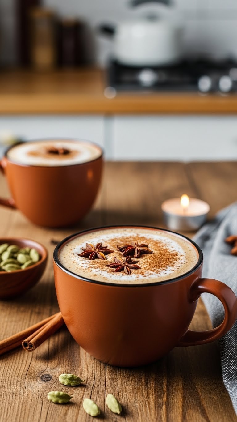 Creamy chai spice latte in warm ceramic mug with cinnamon dusting and whole spices