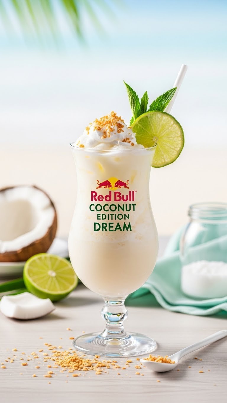 Creamy coconut Red Bull dream drink in hurricane glass with toasted coconut flakes on light wooden table