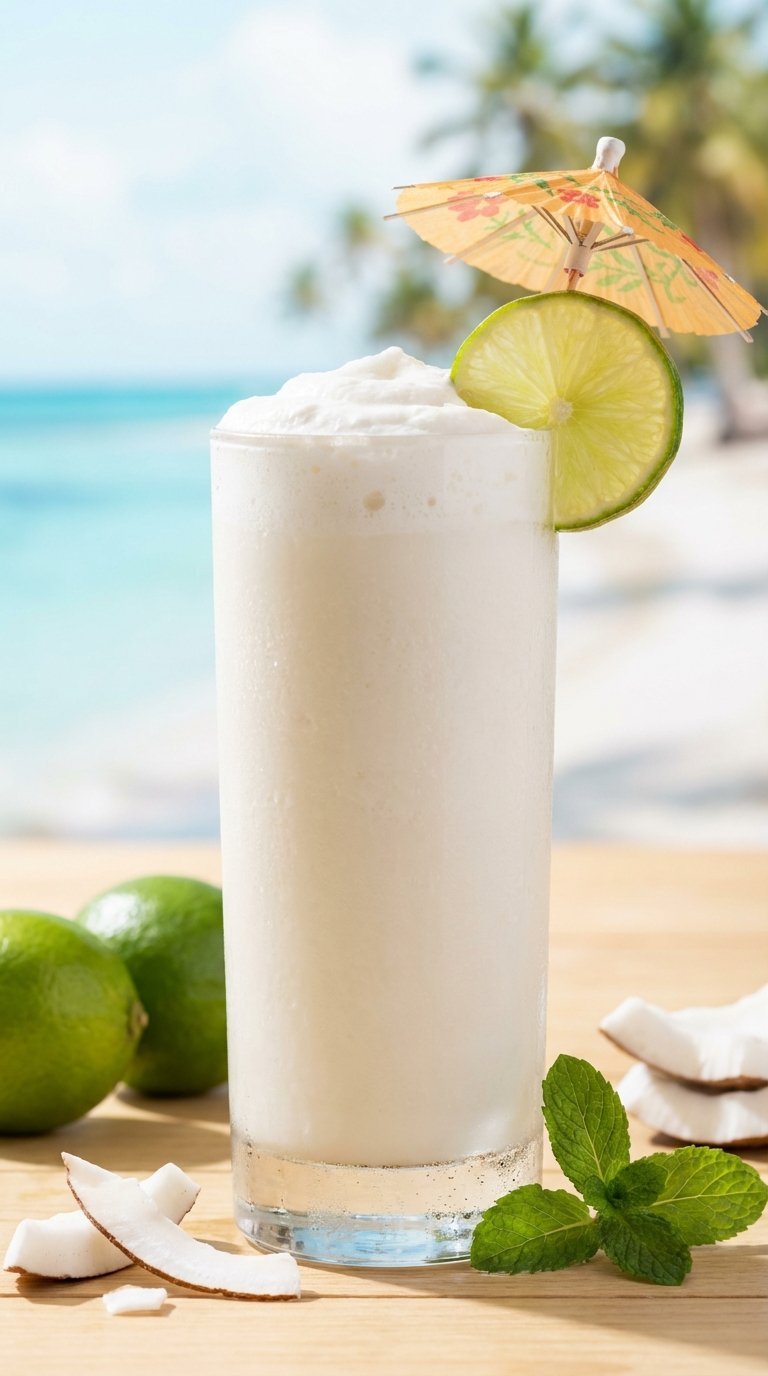 Ultimate BBQ Drink Ideas: 9 Proven Non-Alcoholic Recipes 13 Creamy coconut limeade in frosty glass with lime wheel garnish and tropical beach background