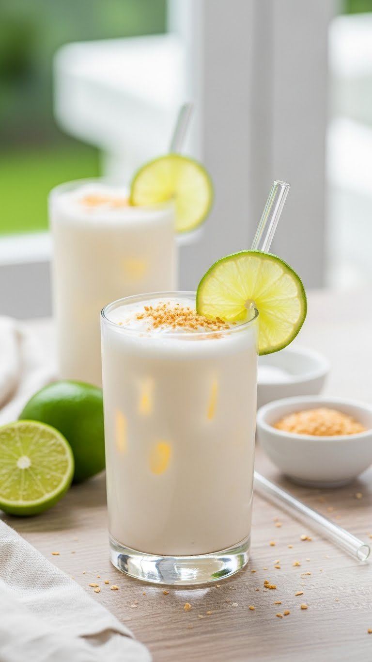 Creamy coconut limeade in tall glass with lime wheel and toasted coconut flakes garnish