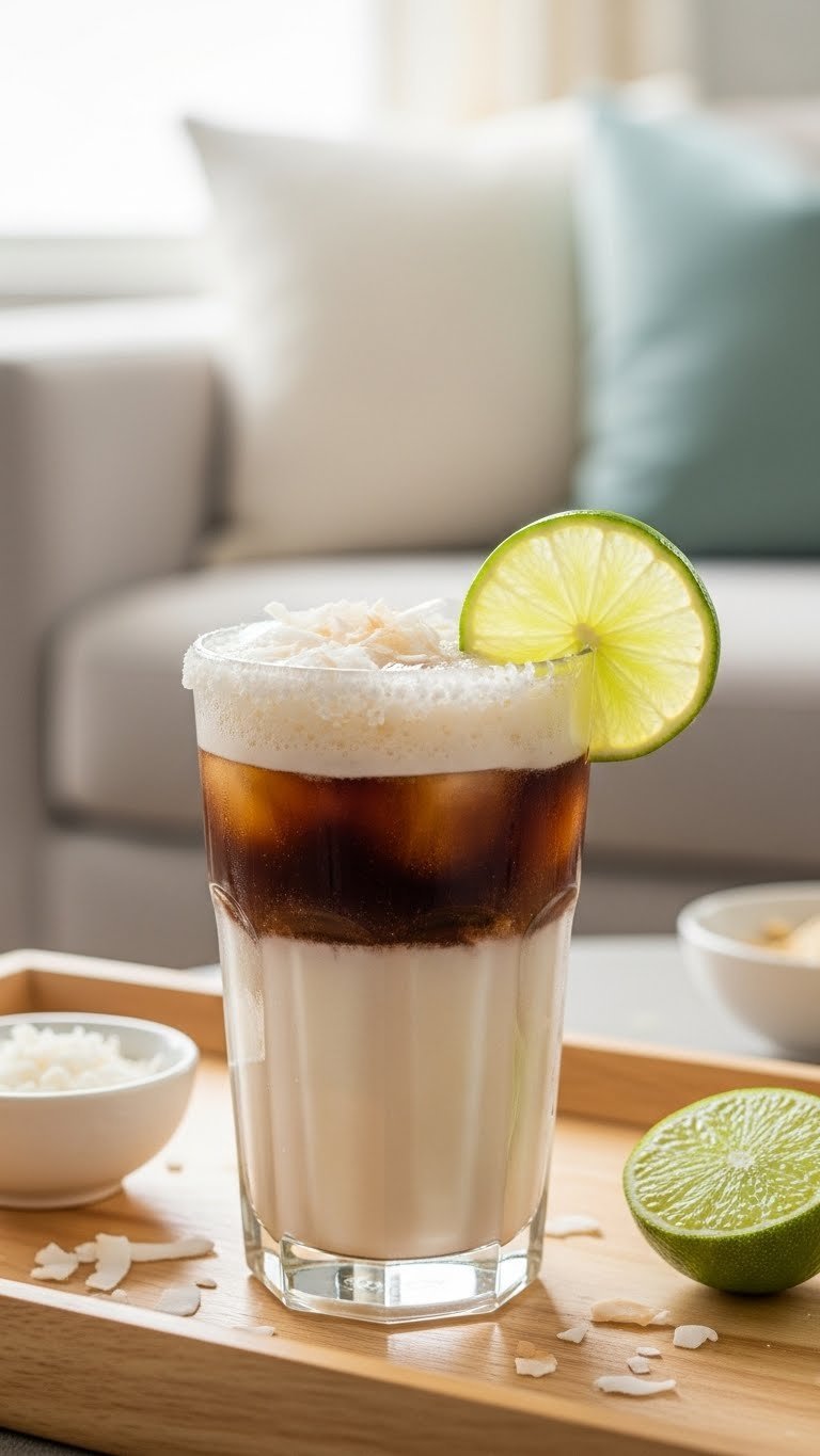 Creamy dirty coke with coconut topping and lime wheel on light wooden tray background