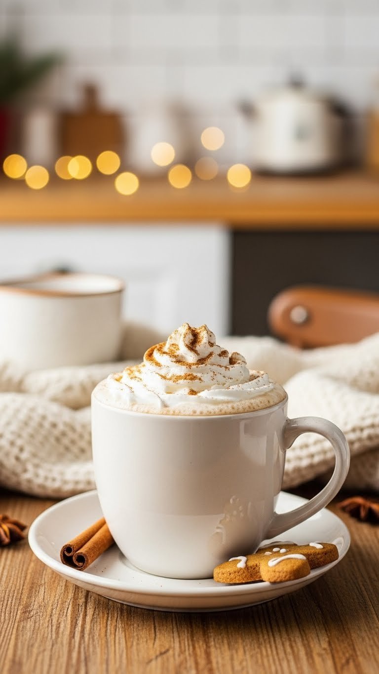 Creamy gingerbread latte in festive ceramic mug topped with whipped cream and cinnamon garnish on rustic wooden table