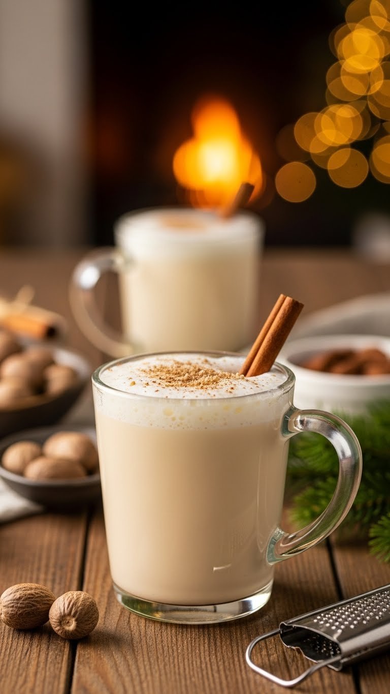 Creamy homemade eggnog in vintage glass mug with grated nutmeg and cinnamon stick garnish on rustic wooden table
