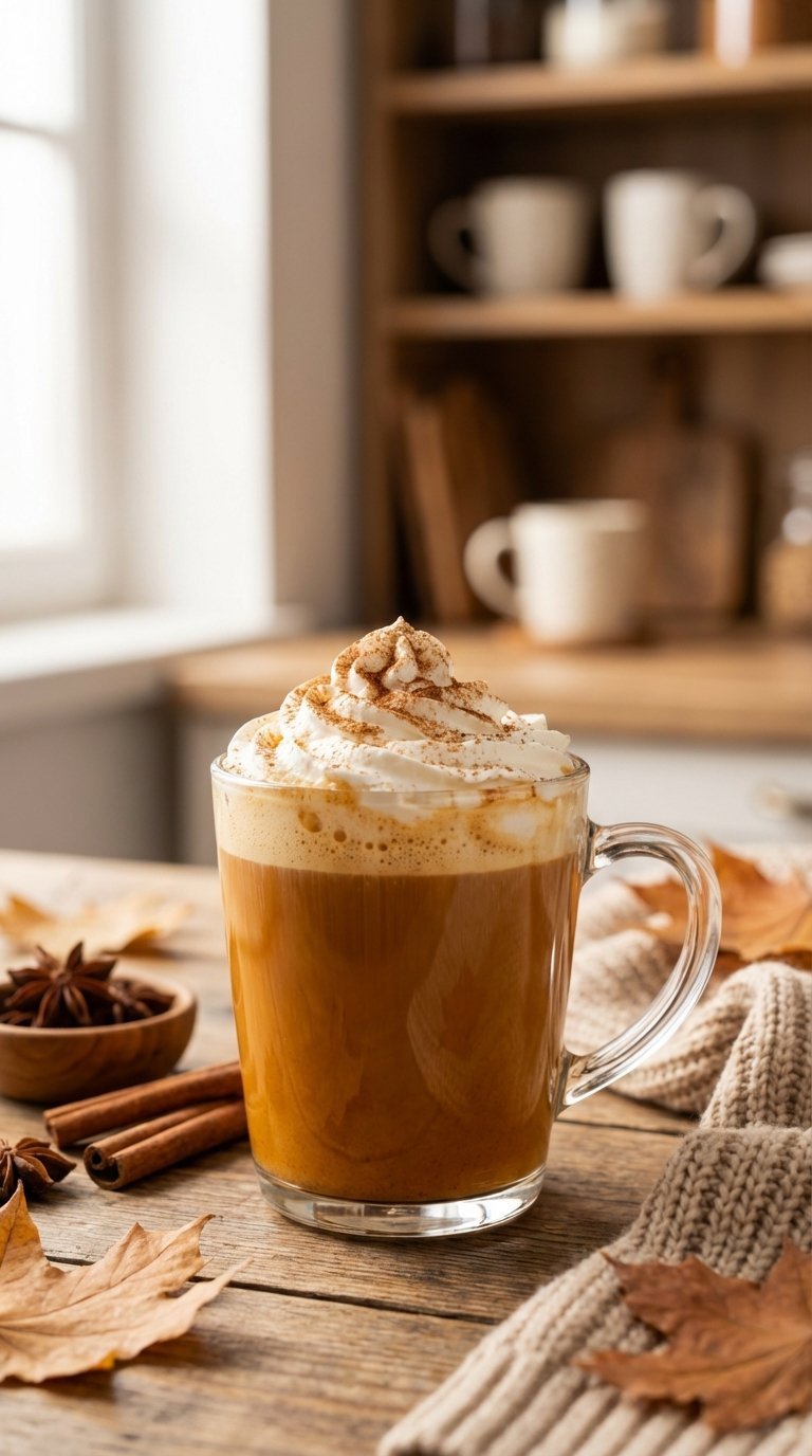 Creamy homemade pumpkin spice latte in clear glass mug with whipped cream and cinnamon on rustic wooden table
