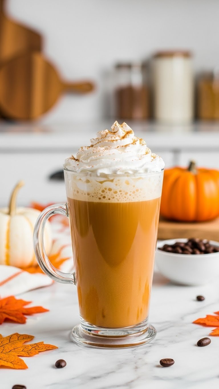 Creamy homemade pumpkin spice latte in clear glass mug with whipped cream topping on marble countertop