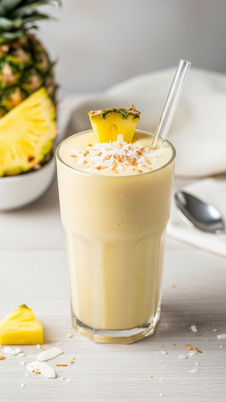 Creamy pale yellow pineapple coconut smoothie in glass with shredded coconut and straw on light wooden table