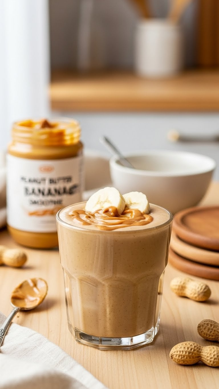 Creamy peanut butter banana smoothie with peanut butter drizzle and banana slices in sturdy glass on light wooden table