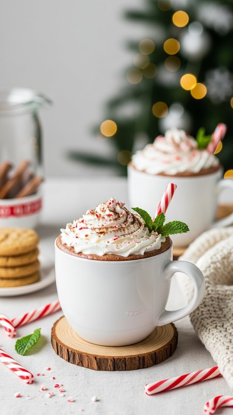 Creamy peppermint hot chocolate in white ceramic mug with whipped cream and crushed candy cane garnish