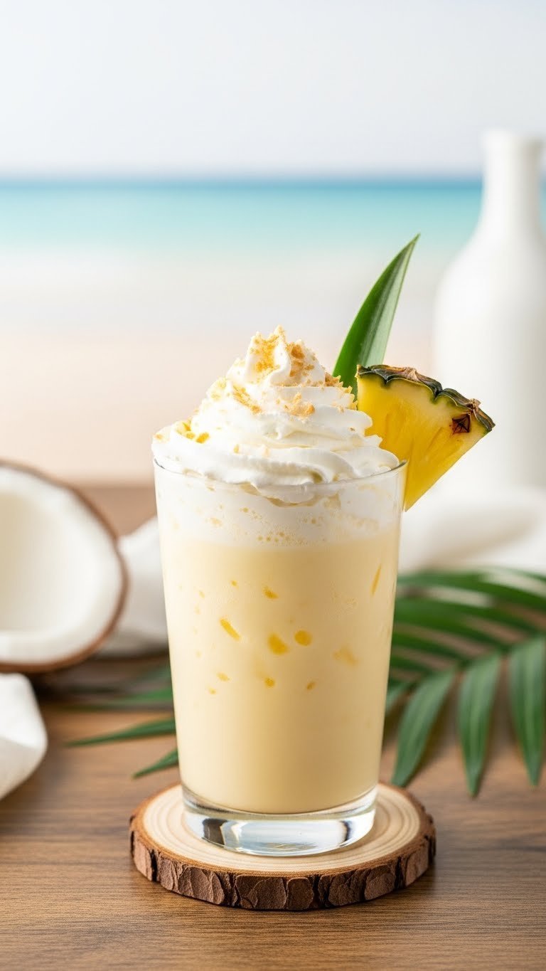 Creamy pineapple-coconut Italian soda in frosted glass with whipped cream swirl, pineapple wedge, and toasted coconut flakes on rustic wooden table