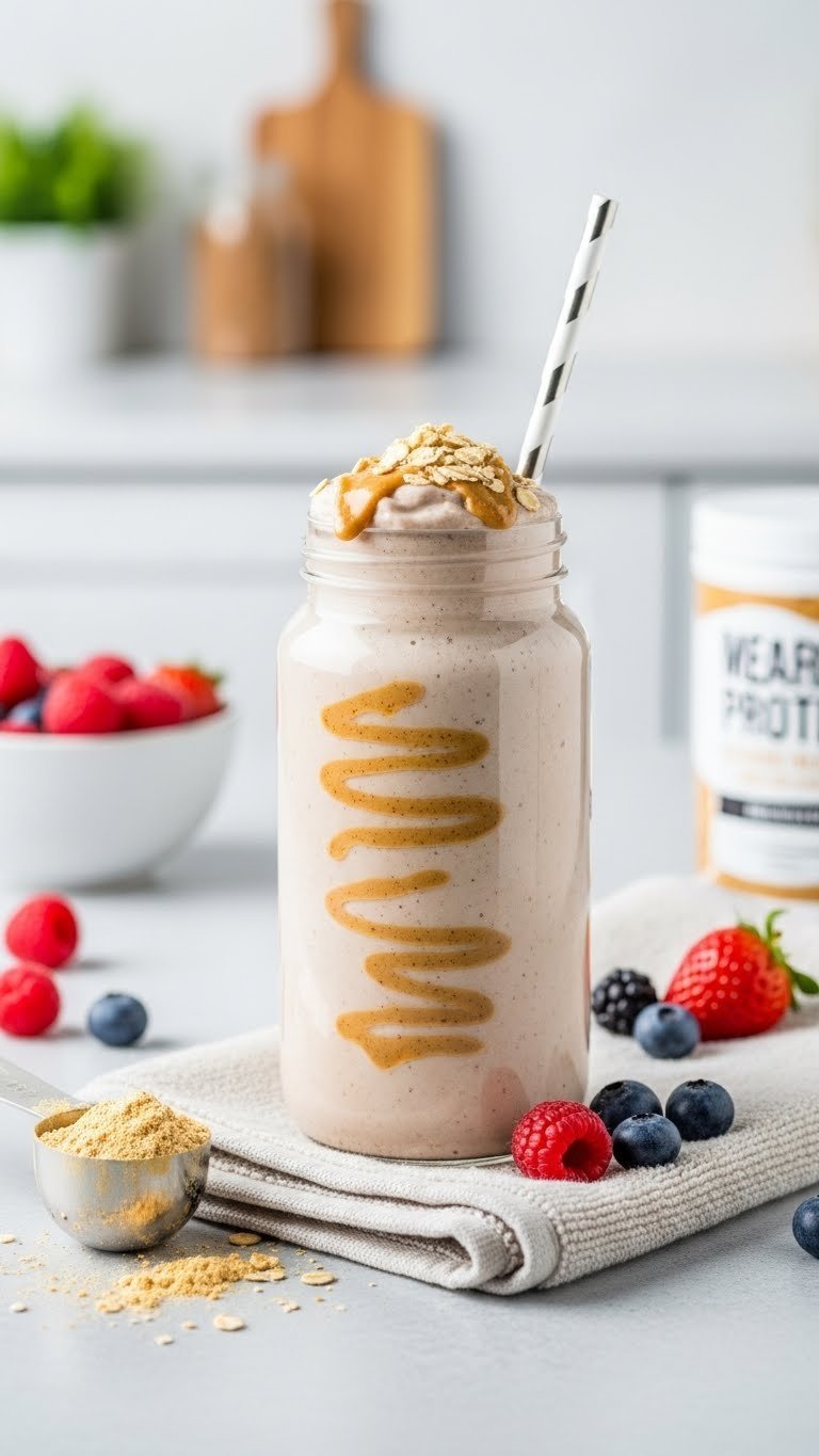 Creamy protein shake in shaker bottle with peanut butter swirl on gym towel in fitness setting