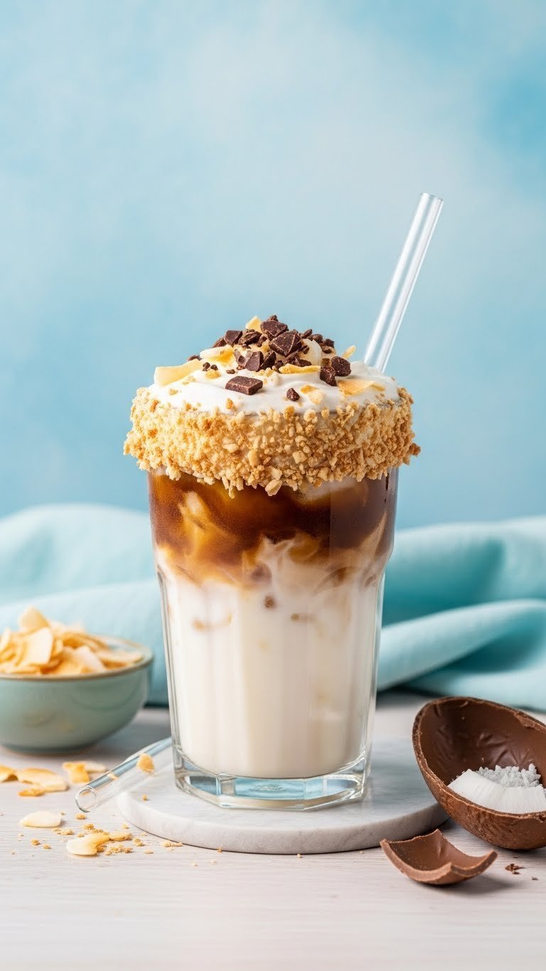Creamy tropical coconut cream egg coffee in tall glass with chocolate shavings, toasted coconut flakes, and blue backdrop