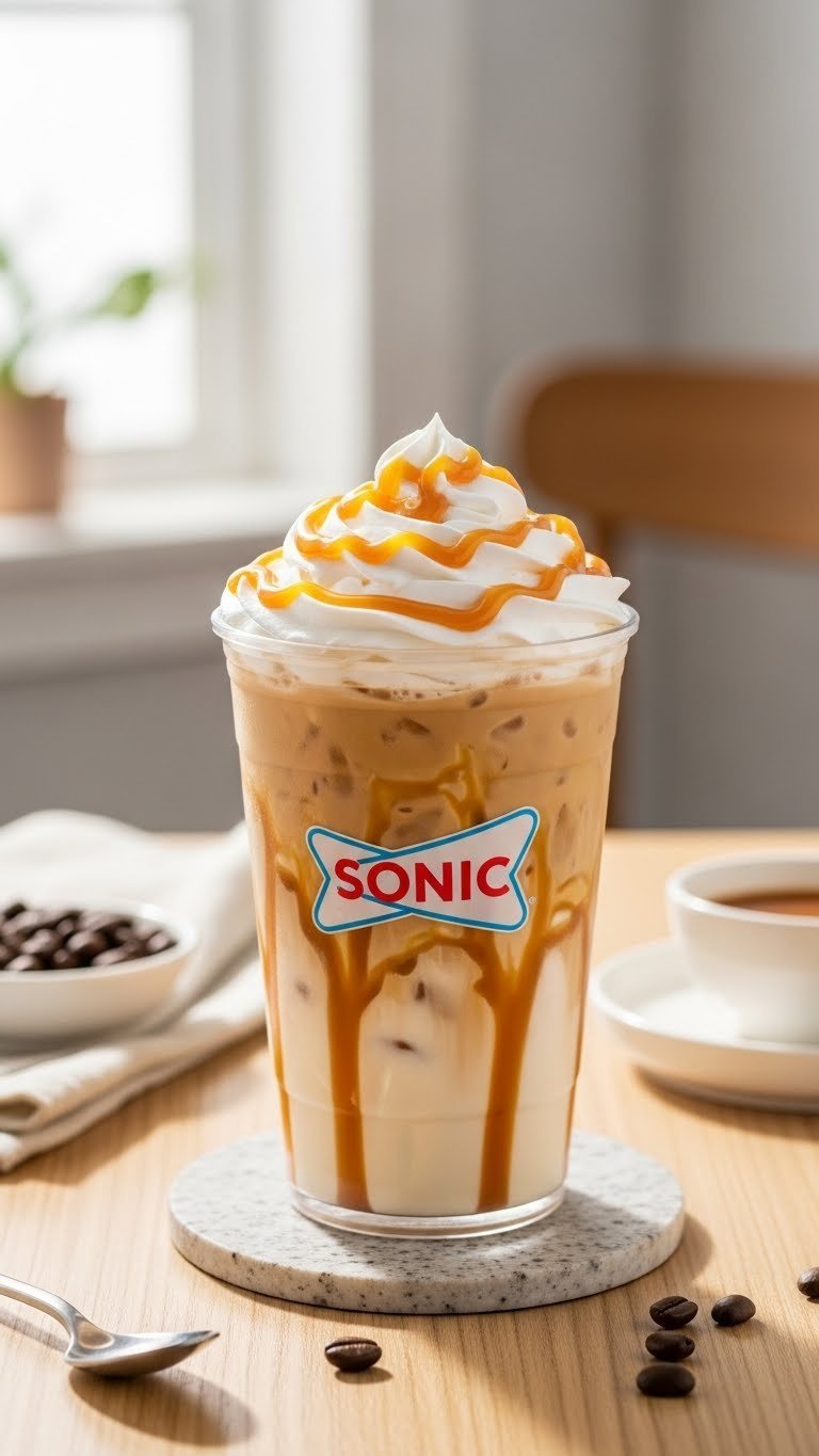 Creamy vanilla iced coffee Sonic drink drizzled with caramel sauce and frothy sweet cream