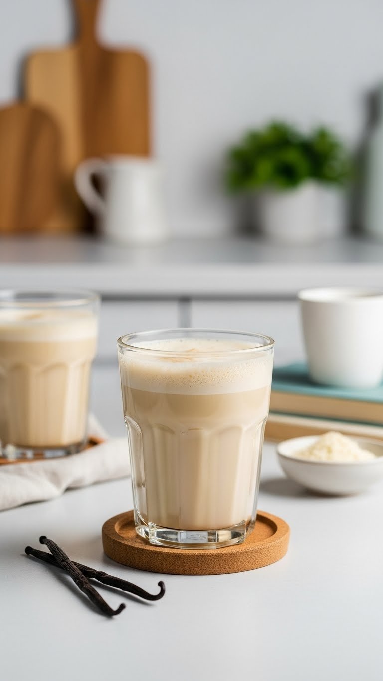 Creamy vanilla protein coffee with subtle froth on light wooden coaster surrounded by vanilla beans and books in soft natural light