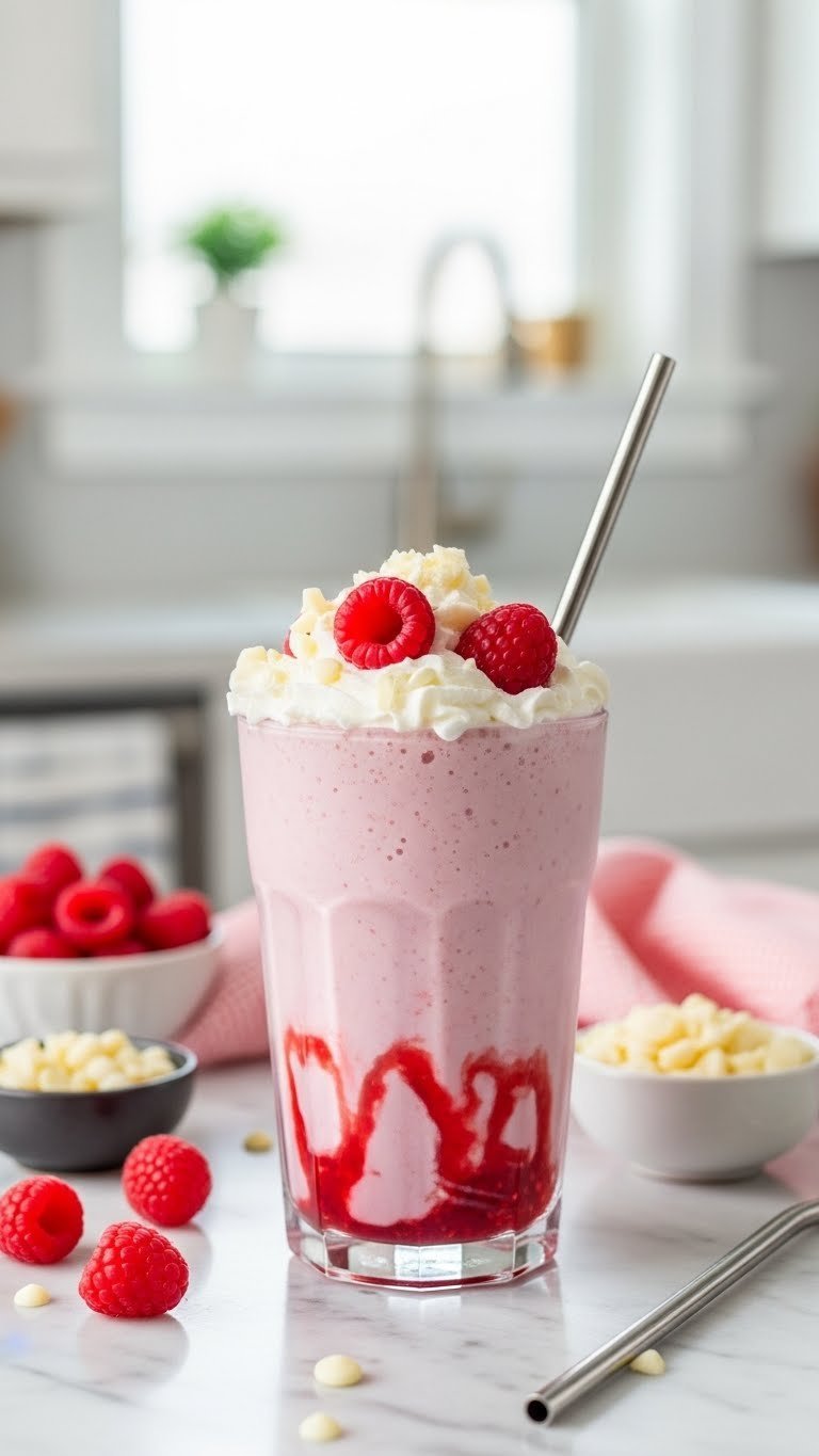 Creamy white chocolate raspberry milkshake topped with whipped cream and fresh raspberries on marble counter