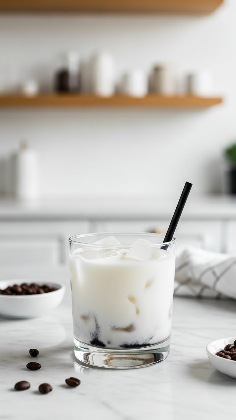 Creamy white cocktail with dark swirls in old-fashioned glass with large ice cubes on light marble surface