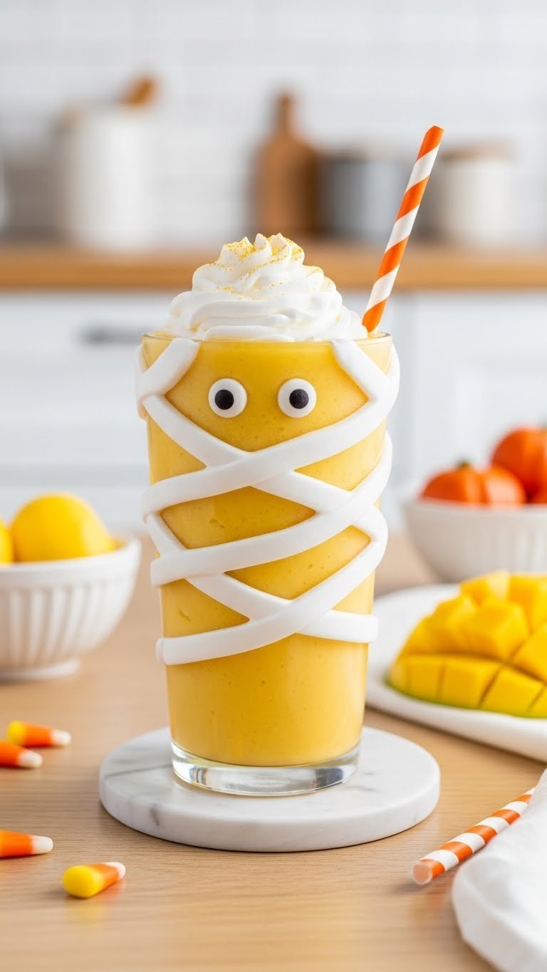 Creamy yellow-orange mango smoothie with whipped cream swirls resembling mummy bandages and candy eyes