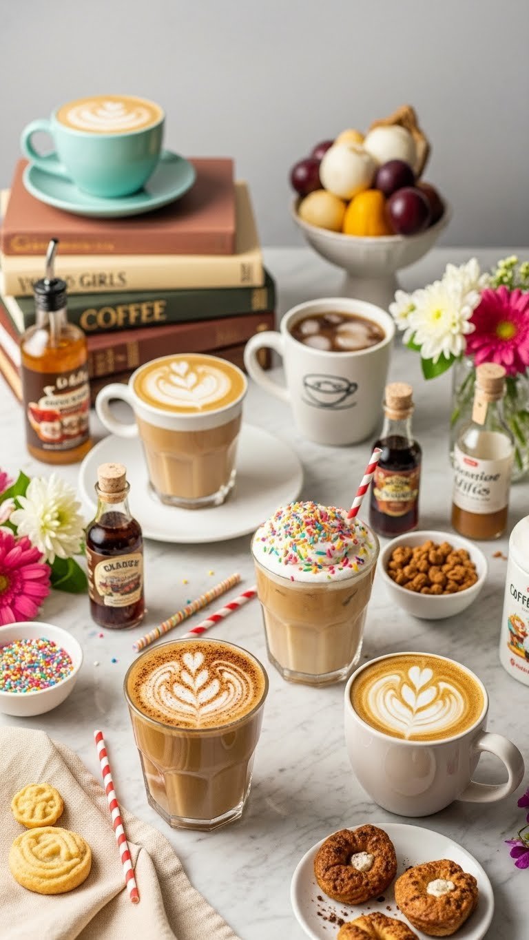 Creative Gilmore Girls coffee collection with themed drinks, colorful syrups and whimsical mugs arranged flat lay.