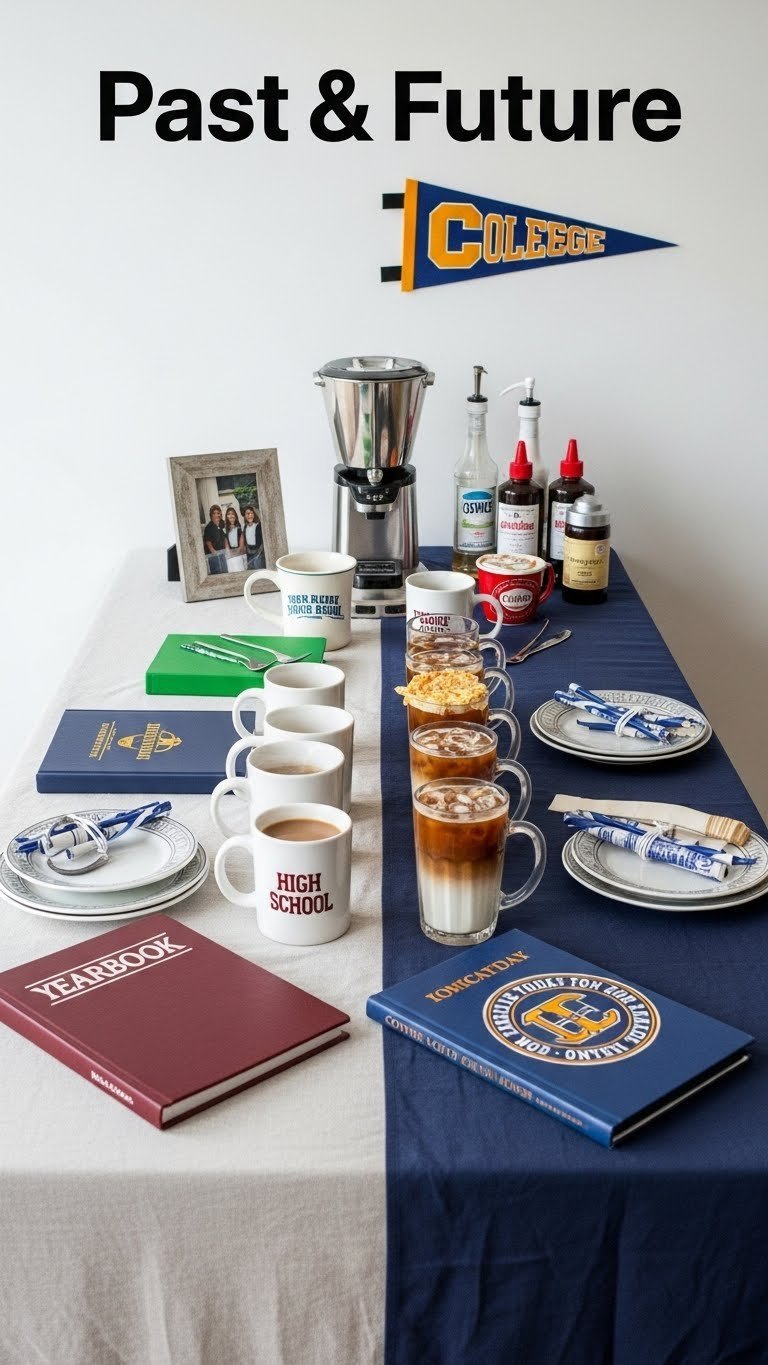 Creative Past & Future dual coffee bar split with hot coffee memorabilia and iced college-themed glassware