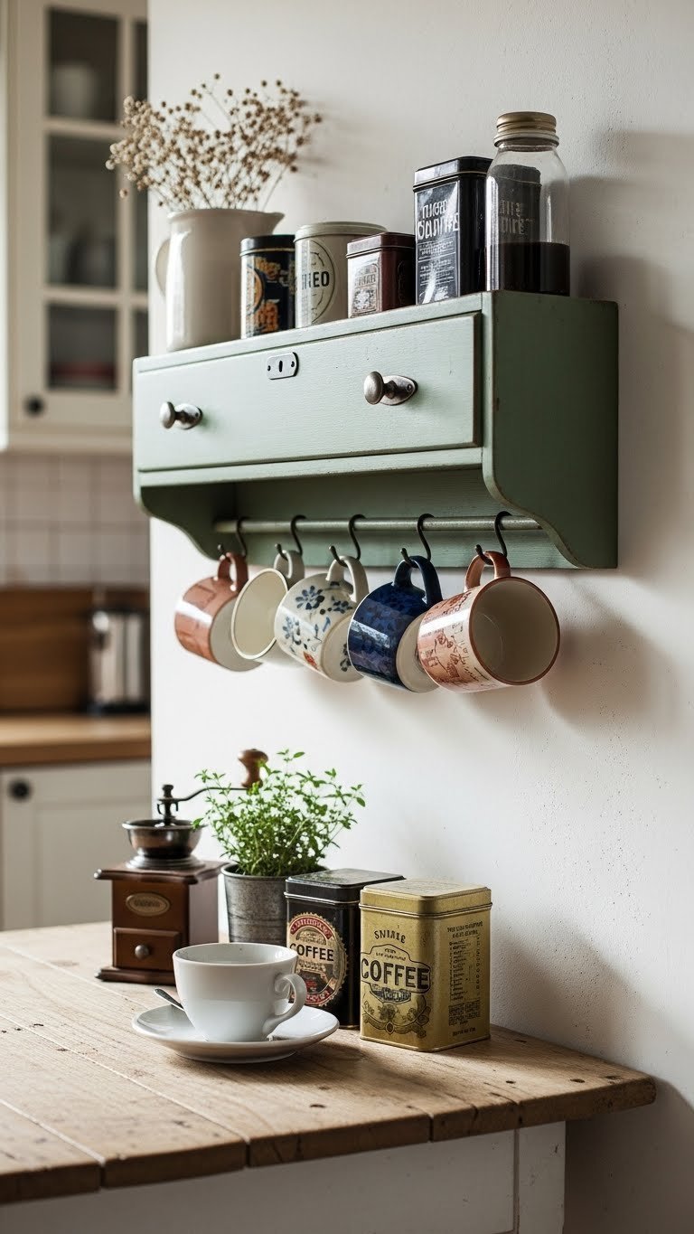 Creative repurposed vintage green drawer wall mount with colorful mismatched coffee mugs