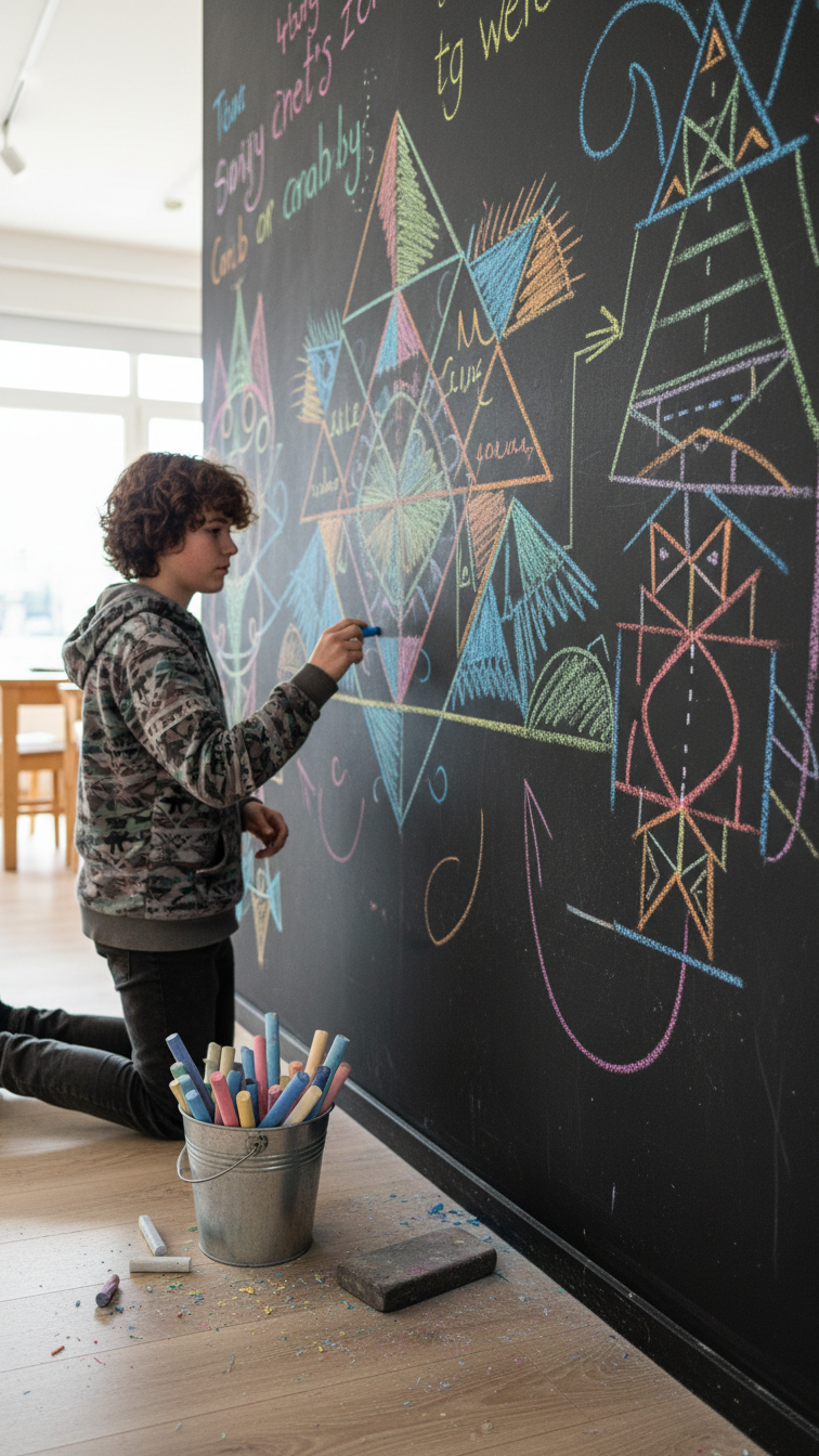 Creative teen drawing intricate chalk art on large black chalkboard wall covered in colorful doodles and quotes